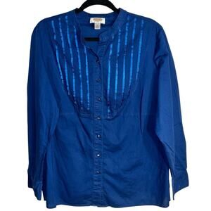 Talbots Woman 1X Blue Pintuck Button Front Blouse 100% Cotton Long Sleeve